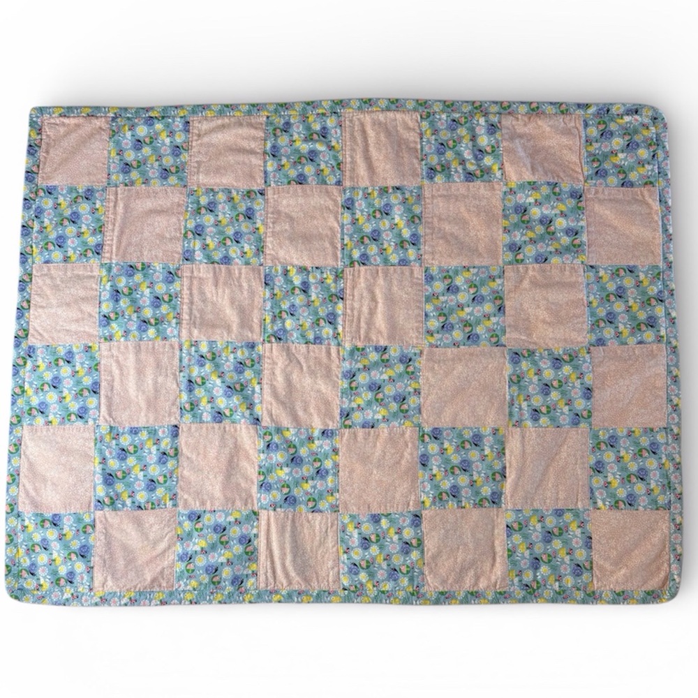 Handmade Cotton Calico Print Peach and Blue Patchwork Baby Quilt